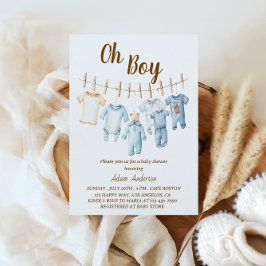Oh Boy Baby Shower | Blått Clothesline-tema Inbjudningar