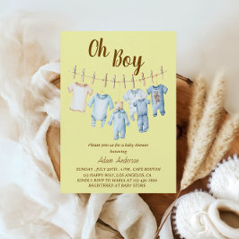 Oh Boy Baby Shower | Blått Clothesline-tema Inbjudningar