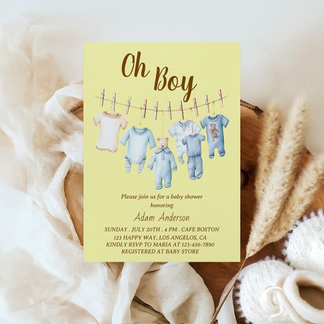 Oh Boy Baby Shower | Blått Clothesline-tema Inbjudningar (Skapare uppladdad)