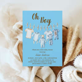 Oh Boy Baby Shower | Blått Clothesline-tema Inbjudningar