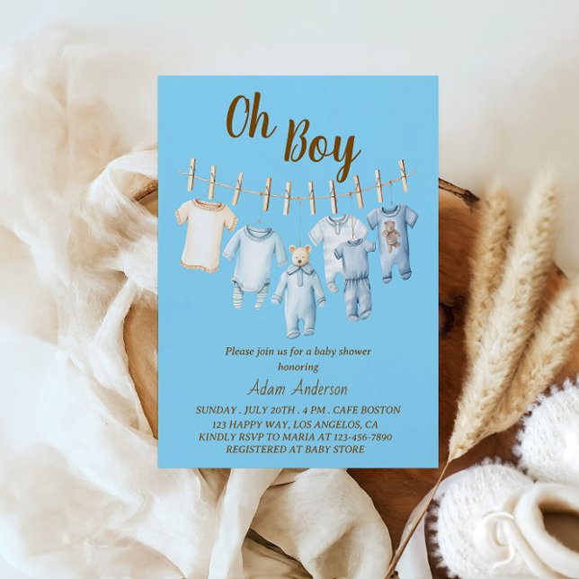 Oh Boy Baby Shower | Blått Clothesline-tema Inbjudningar (Skapare uppladdad)