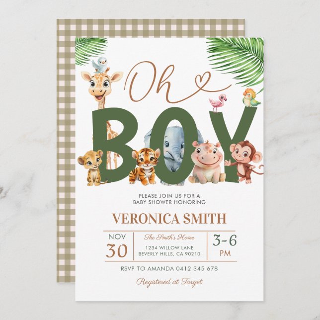 Oh Boy Baby Shower Forest Animals Greenery Floral Inbjudningar (Fram/baksida)