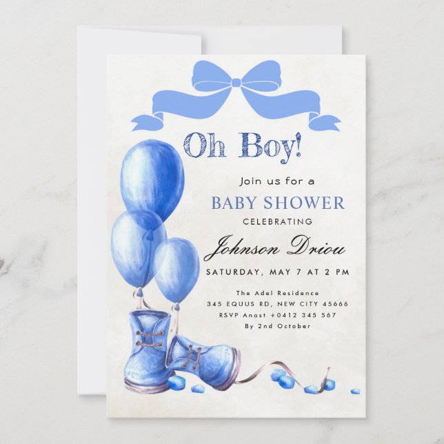Oh Boy Baby Shower Invitation | Blue Watercolor Inbjudningar (Framsida)