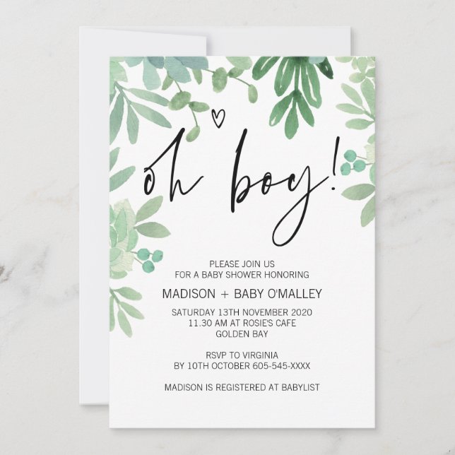 Oh Boy Baby Shower Party Greenery Succulents Inbjudningar (Framsida)