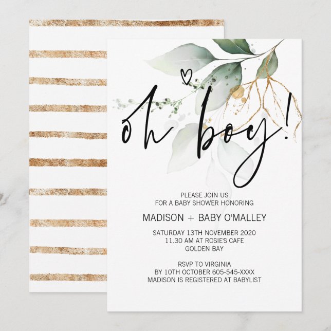 Oh Boy Baby Shower Party Modern Eucalyptus Inbjudningar (Fram/baksida)