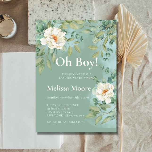 Oh Boy Baby Shower Silver Sage Eucalyptus Flower Inbjudningar (Skapare uppladdad)