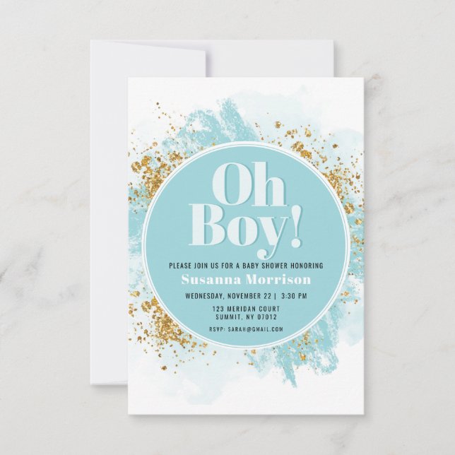 Oh Boy Baby Shower Watercolor Glitter-inbjudan Inbjudningar (Framsida)