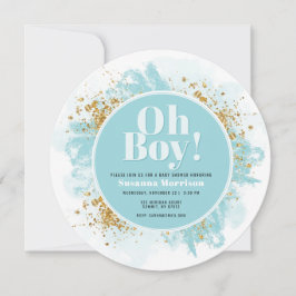 Oh Boy Baby Shower Watercolor Glitter Round Inbjudningar