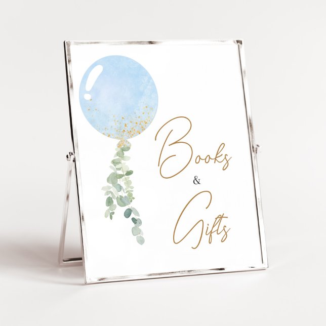 Oh Boy Balloon Baby Shower Bokar och presenter Poster (Blue Balloon Eucalyptus Baby Shower Books and Gifts Sign)