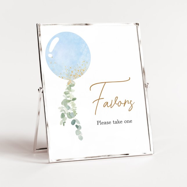 Oh Boy Balloon Baby Shower Favors Poster (Blue Balloon Eucalyptus Baby Shower Favors Sign)