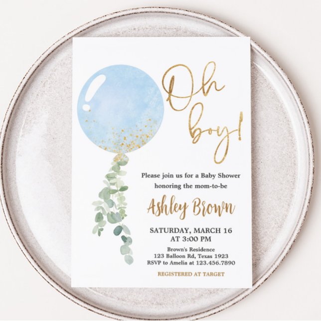 Oh Boy Balloon Baby Shower Inbjudningar (Blue Balloon Eucalyptus Baby Shower Invitation)