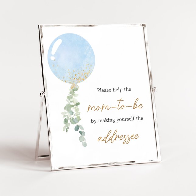 Oh Boy Balloon Baby Shower Kuvert Station Poster (Blue Balloon Eucalyptus Baby Shower Envelope Station Sign)