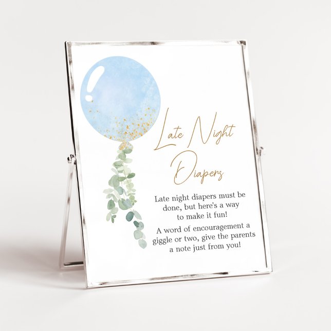 Oh Boy Balloon Baby Shower Late Night Diaper Poster (Blue Balloon Eucalyptus Baby Shower Late Night Diapers Sign)