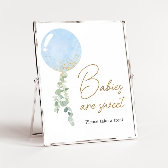 Oh Boy Balloon Baby Shower Spädbarn är Sweet Poster (Blue Balloon Eucalyptus Baby Shower Babies are Sweet Sign)