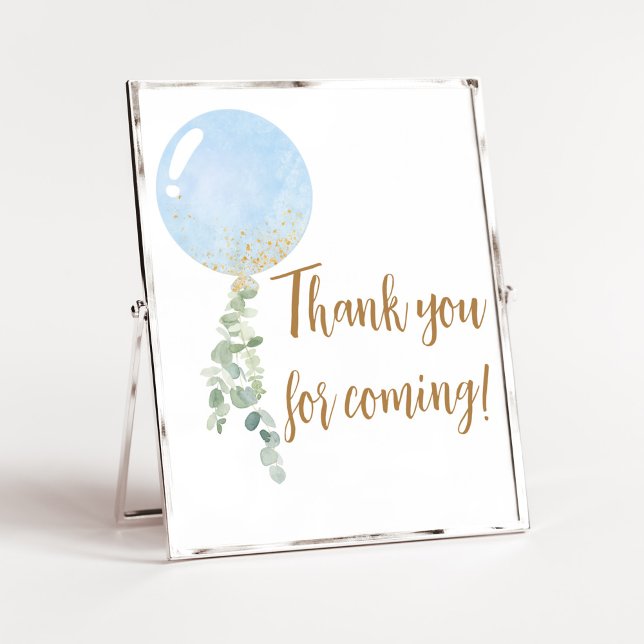 Oh Boy Balloon Baby Shower Tack för att du kom Poster (Blue Balloon Eucalyptus Baby Shower Thank you for Coming Sign)