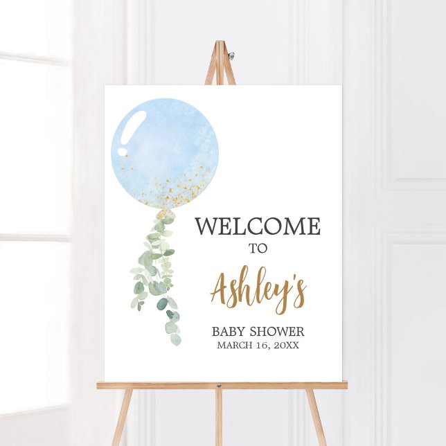Oh Boy Balloon Baby Shower Välkommen Poster (Blue Balloon Eucalyptus Baby Shower Welcome Sign)