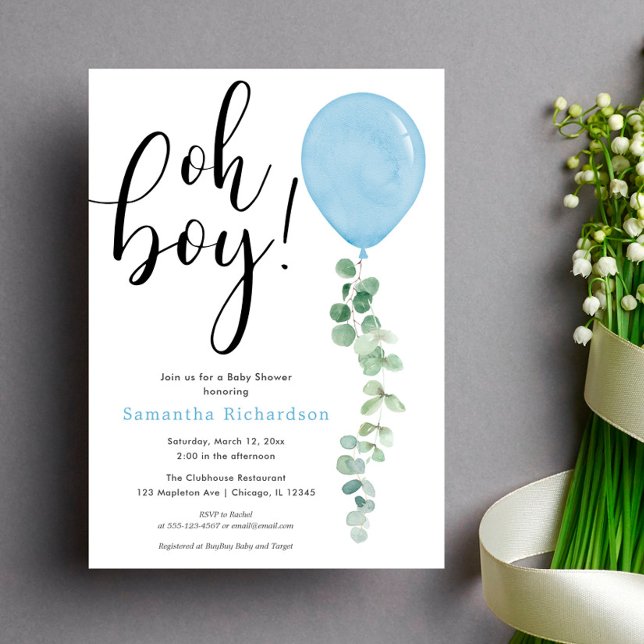 Oh Boy balloon greenery eucalyptus babydusch Inbjudningar (Skapare uppladdad)