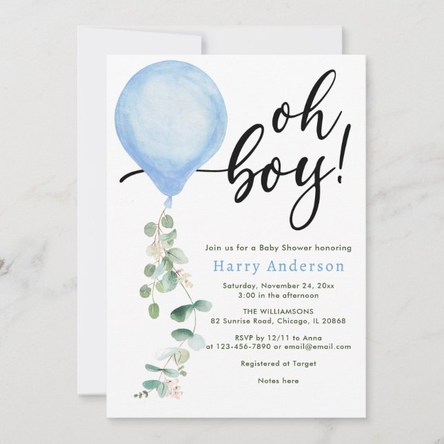 Oh Boy balloon greenery eucalyptus babydusch Inv. Inbjudningar (Framsida)