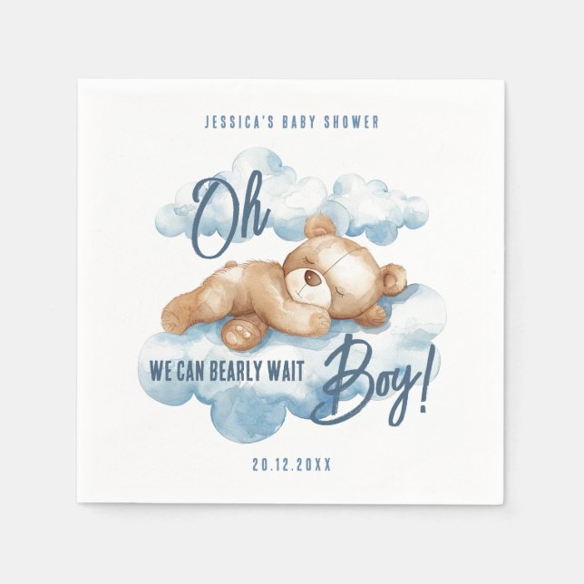 Oh Boy Barly Wait Bear Blue Clouds Baby Shower Pappersservett (Framsidan)