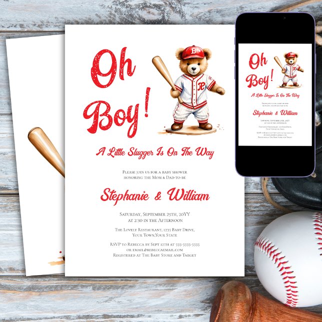 Oh Boy Baseball Baby Shower Cute Bear Inbjudningar (Skapare uppladdad)