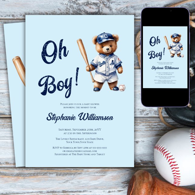 Oh Boy Baseball Baby Shower Cute Bear Inbjudningar (Skapare uppladdad)