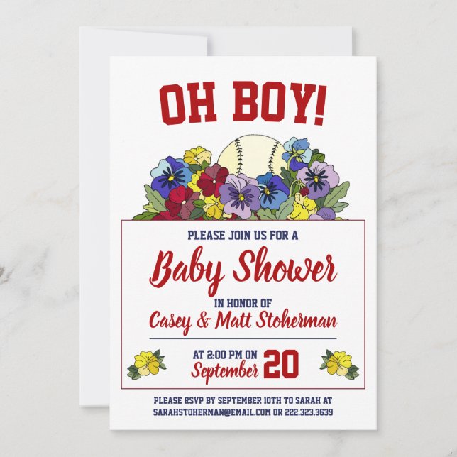 Oh Boy Baseball in Flowers Baby Shower Inbjudningar (Framsida)