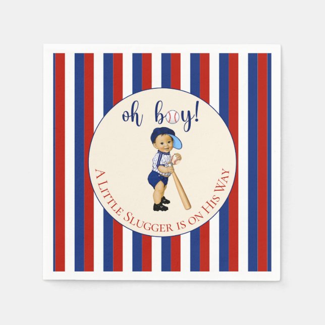 Oh Boy Baseball Red White Navy Blue Rand Baby Pappersservett (Framsidan)