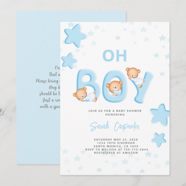 Oh Boy Bear Baby Shower Boy-inbjudan Inbjudningar (Fram/baksida)