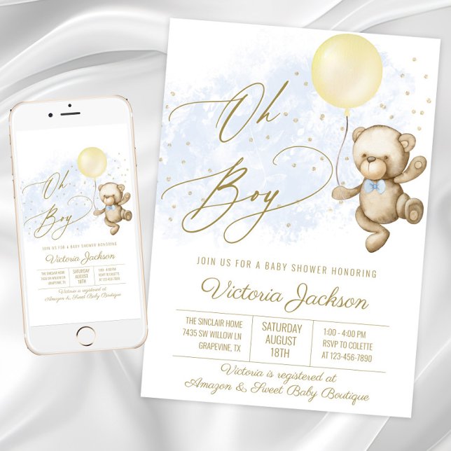 Oh Boy Bear Balloon Baby Shower Inbjudningar (Oh Boy baby shower invitation with bear and balloon. Available for instant download and print.)