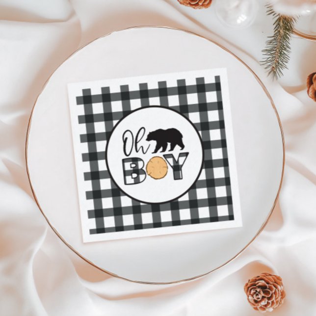 Oh Boy Bear Black Buffalo Play Baby Shower Pappersservett (Skapare uppladdad)
