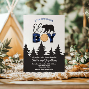Oh Boy Bear Blue Buffalo Play Baby Shower Inbjudningar