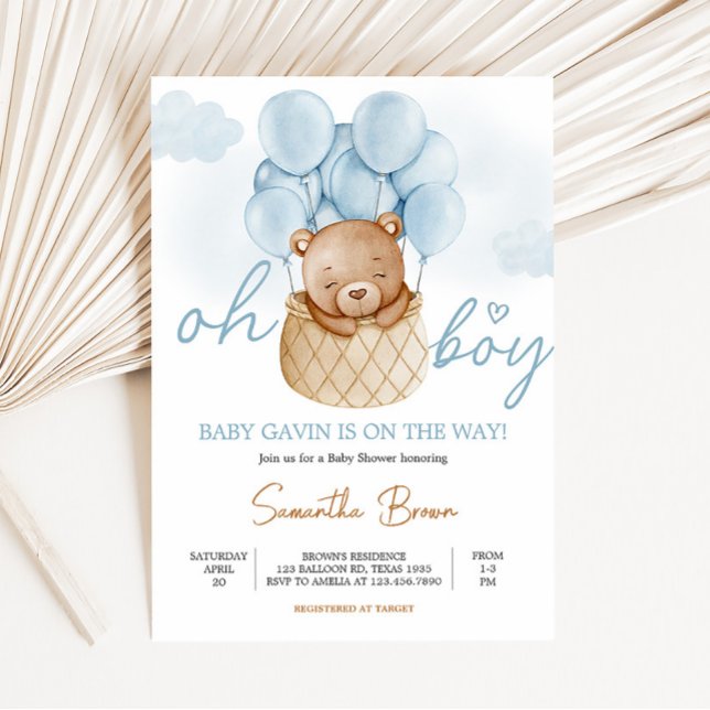 Oh Boy Bear Luftballong Baby Shower Inbjudningar (Blue Boho Bear Baby Shower Invitation)