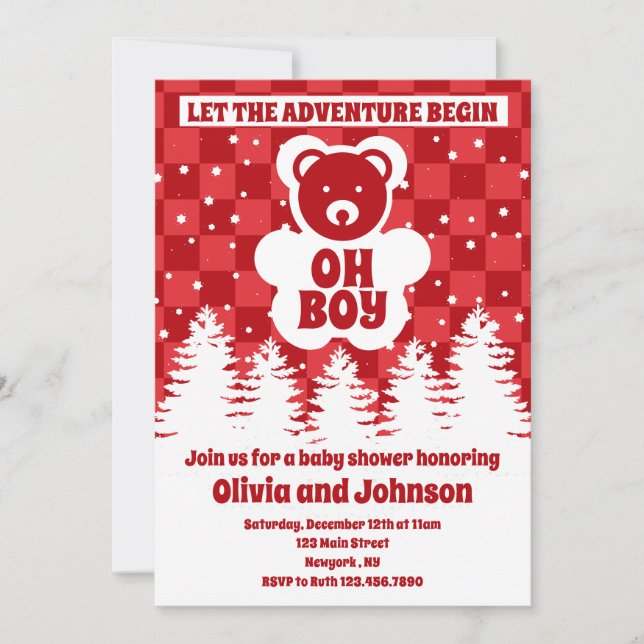 Oh Boy Bear Red Checkerboard Baby Shower Inbjudningar (Framsida)