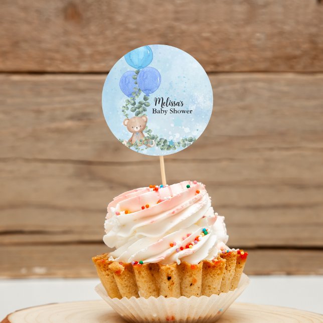 Oh Boy Blå Ballong Eukalyptus Cupcake-topp Runt Klistermärke (Skapare uppladdad)