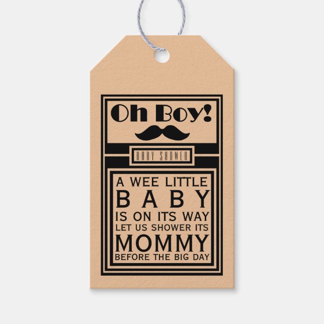 Oh Boy Black Mustache Baby Shower Presentetikett (Framsidan)