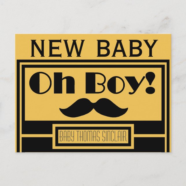 Oh Boy Black Mustache Nyfödd bebis Announcement Meddelande Vykort (Framsida)
