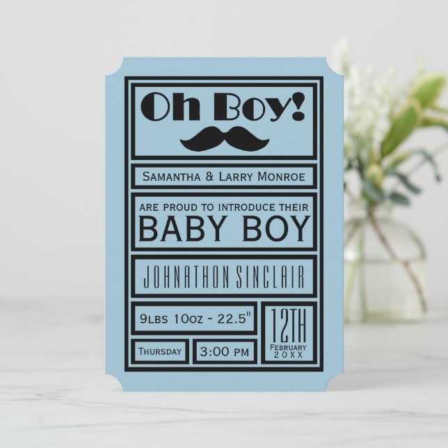 Oh Boy Black Mustache Nyfödd bebis Boy Announcemen Inbjudningar (Stående Fram)