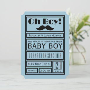 Oh Boy Black Mustache Nyfödd bebis Boy Announcemen Inbjudningar