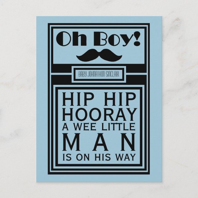 Oh Boy Black Mustache Nyfödd bebis Boy Announcemen Meddelande Vykort (Framsida)
