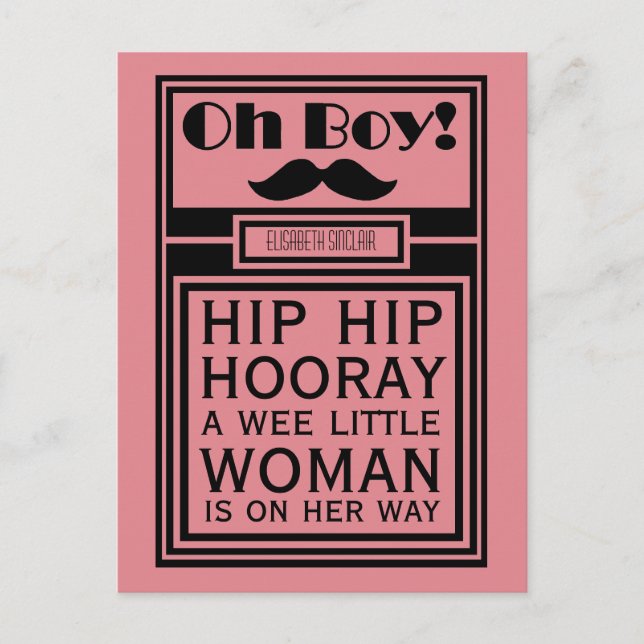 Oh Boy Black Mustache Nyfödd bebis Girl Girl Annou Meddelande Vykort (Framsida)