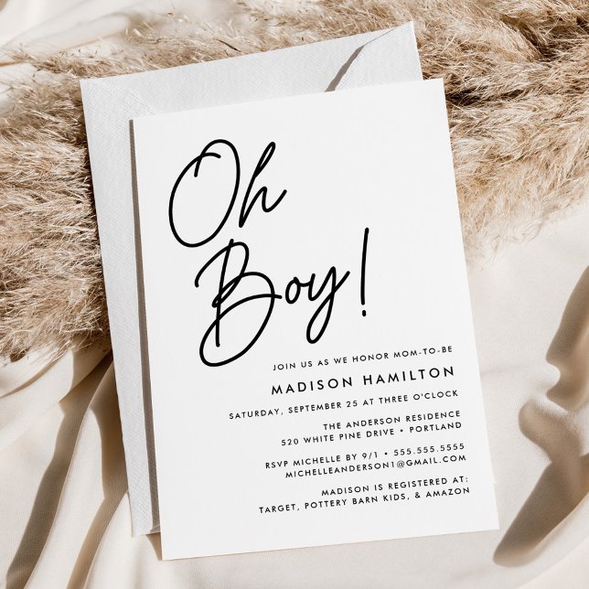 Oh Boy Black Script Minimalist Baby Shower Inbjudningar (Skapare uppladdad)