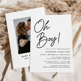 Oh Boy Black Script Photo Baby Shower Inbjudningar