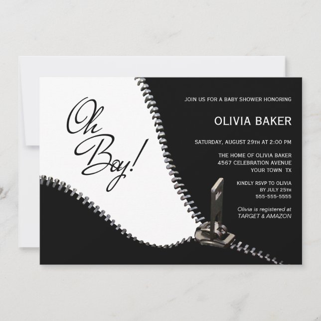 Oh Boy Black White med Silver Zipper Baby Shower Inbjudningar (Framsida)