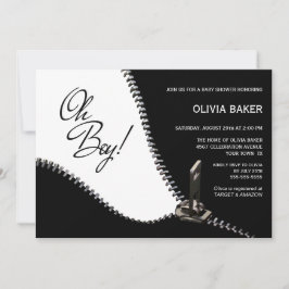 Oh Boy Black White med Silver Zipper Baby Shower Inbjudningar