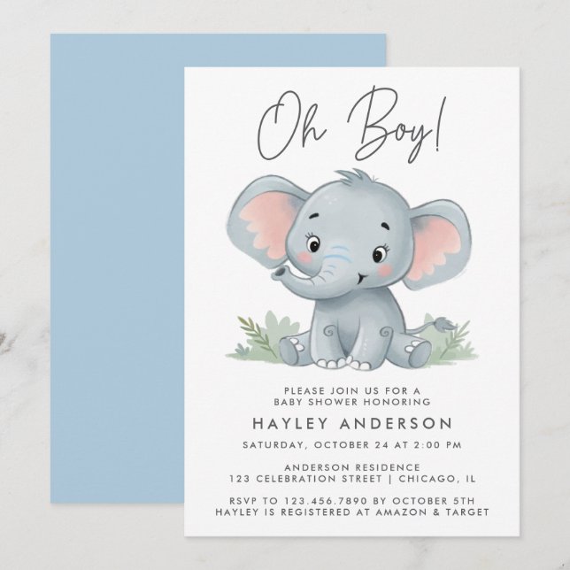 Oh Boy Blue Baby Elephant Baby Shower Inbjudningar (Fram/baksida)