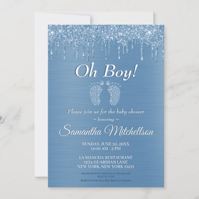 Oh Boy Blue Baby Shower Glitter Drip Baby Feet Inbjudningar (Framsida)
