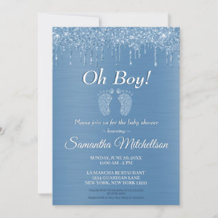 Oh Boy Blue Baby Shower Glitter Drip Baby Feet Inbjudningar