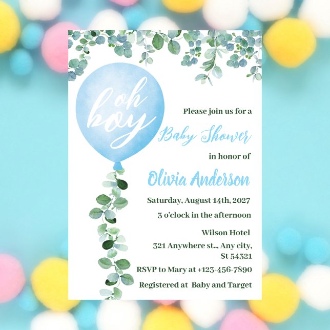 Oh Boy, Blue Balloon and Greenery Theme Baby Showe Inbjudningar (Skapare uppladdad)