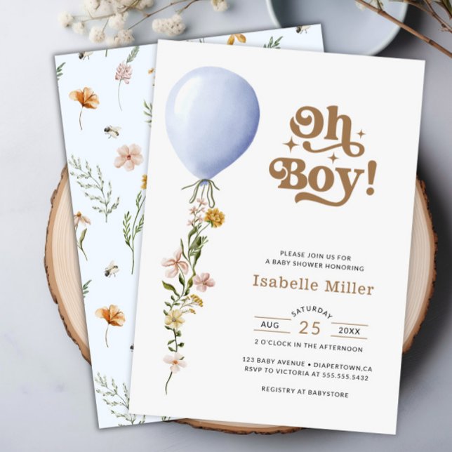 Oh Boy Blue Balloon Blommigt Baby Shower-inbjudan Inbjudningar (Oh Boy Blue Balloon Floral Baby Shower Invitation)