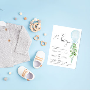 Oh Boy Blue Balloon Eucalyptus Baby Shower-inbjuda Inbjudningar